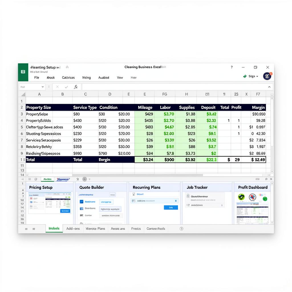 Cleaning business workbook preview — pricing setup, quote builder, recurring plans, job tracker, profit dashboard